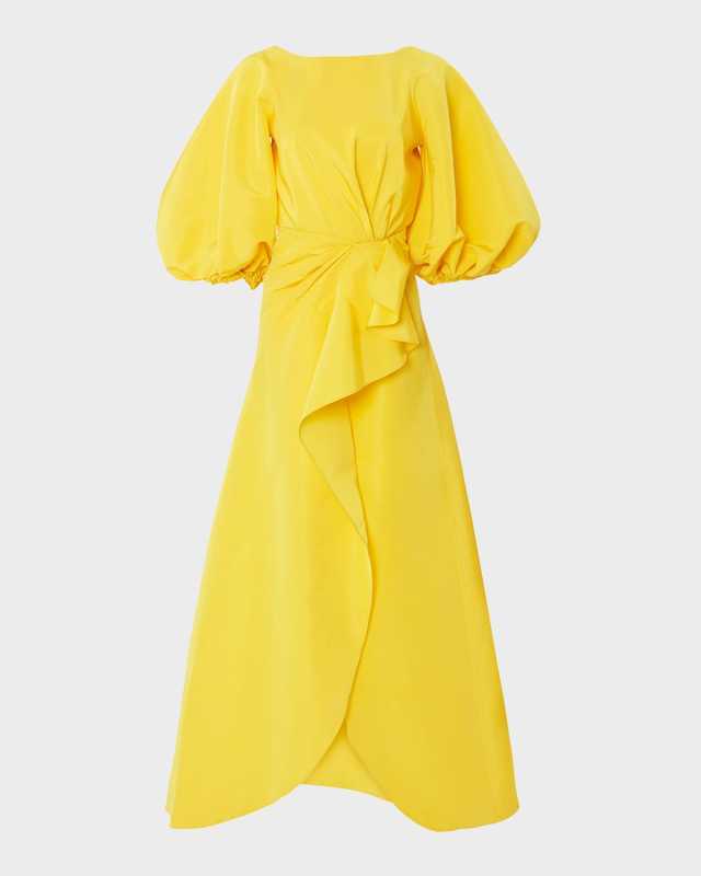High-Neck Puff-Sleeve Draped Sarong Gown